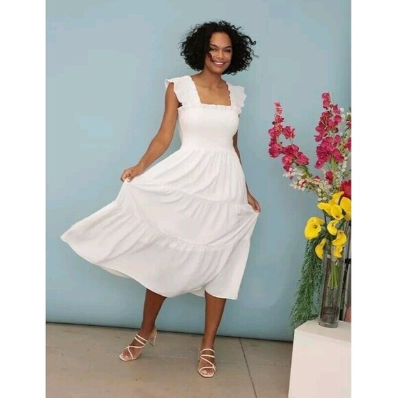 London Times Dresses & Skirts - London Times Women's Midi Dress Sz XL White Smocked Ruffle Tiered Cap Sleeve